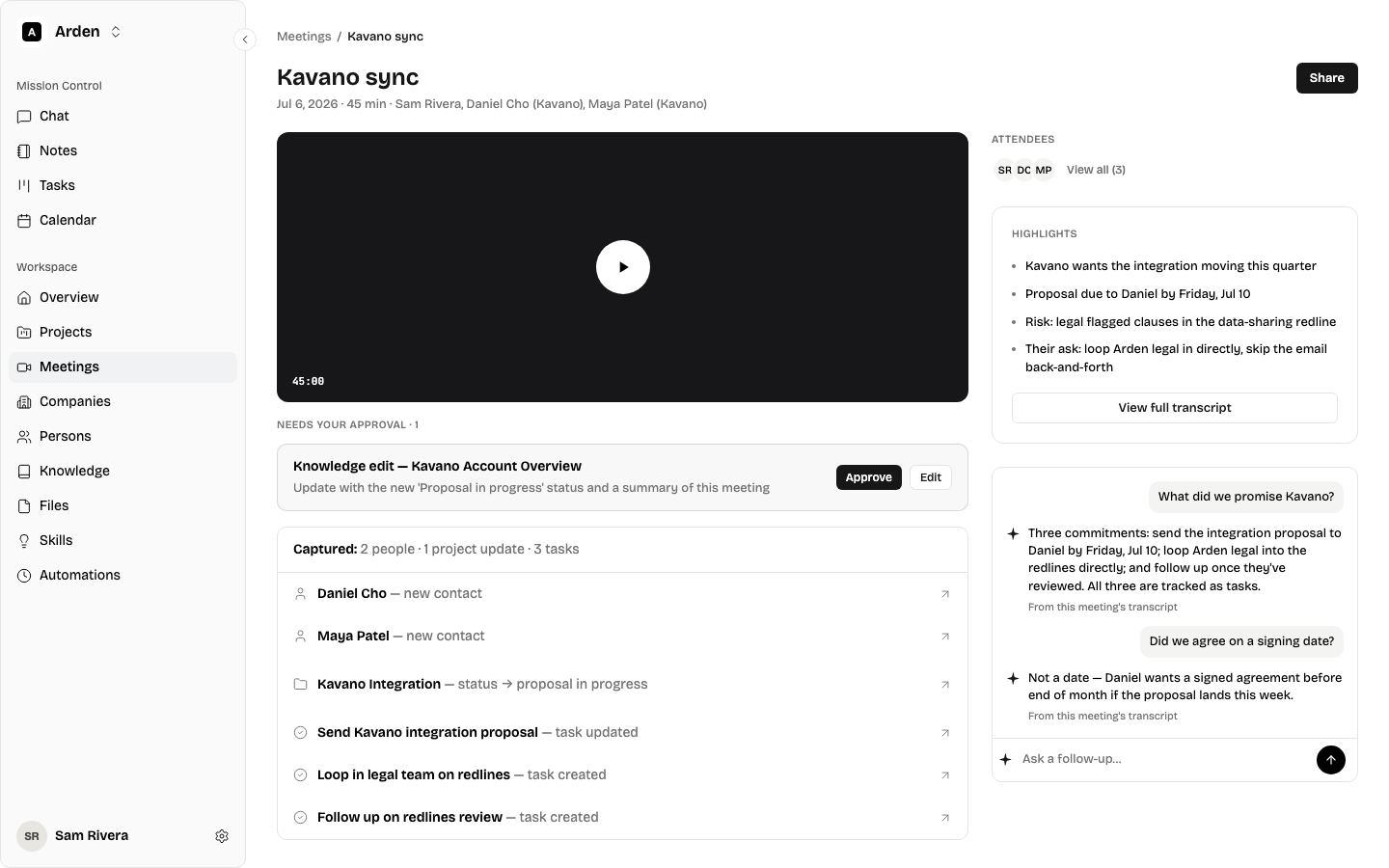 A processed meeting in Nysa: the recording, an approval waiting, captured people, a project update, three tasks, highlights, and questions answered from the transcript.