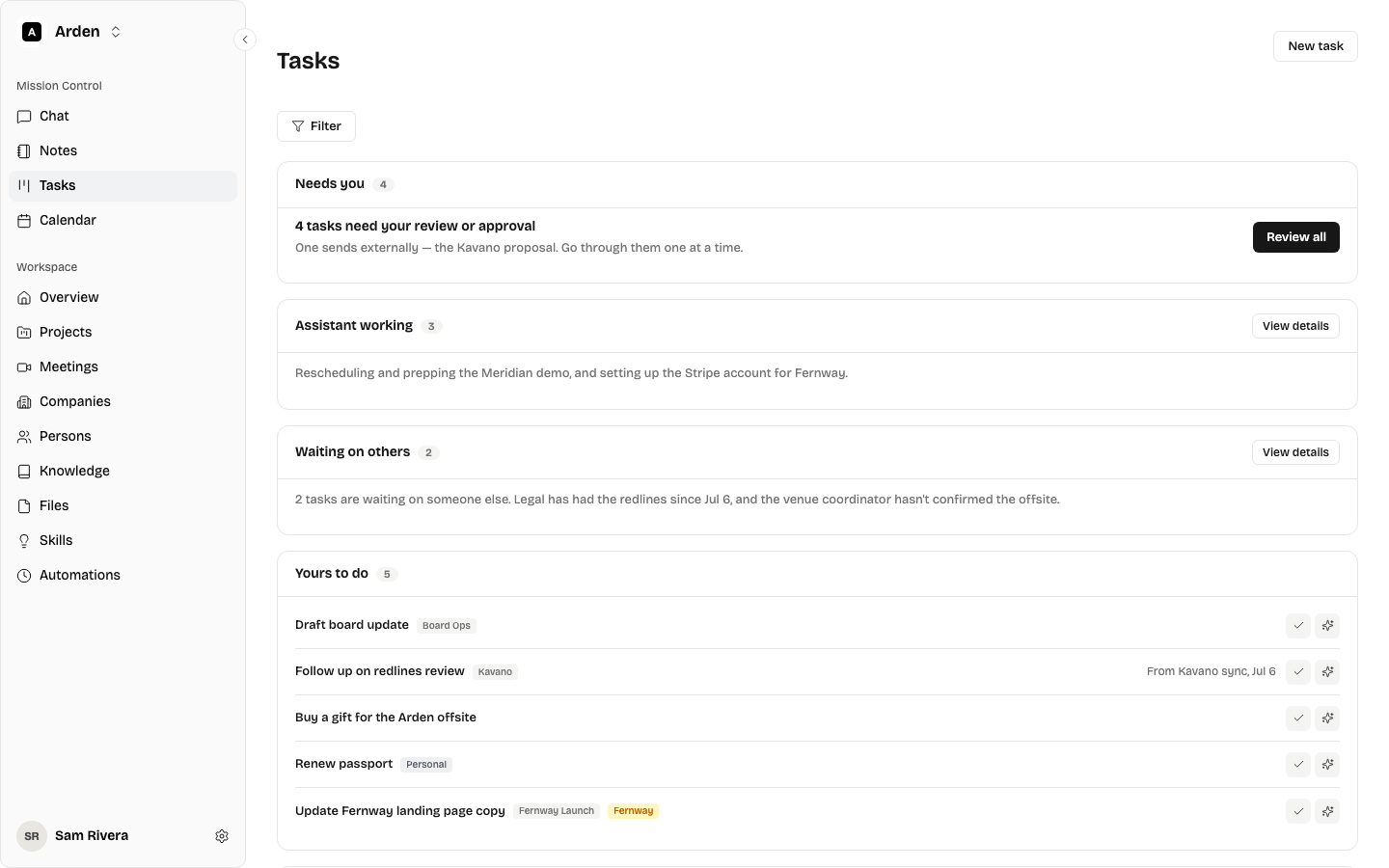 The Nysa task board: items needing review, work the assistant is doing on its own, tasks waiting on others, and your own to-dos.